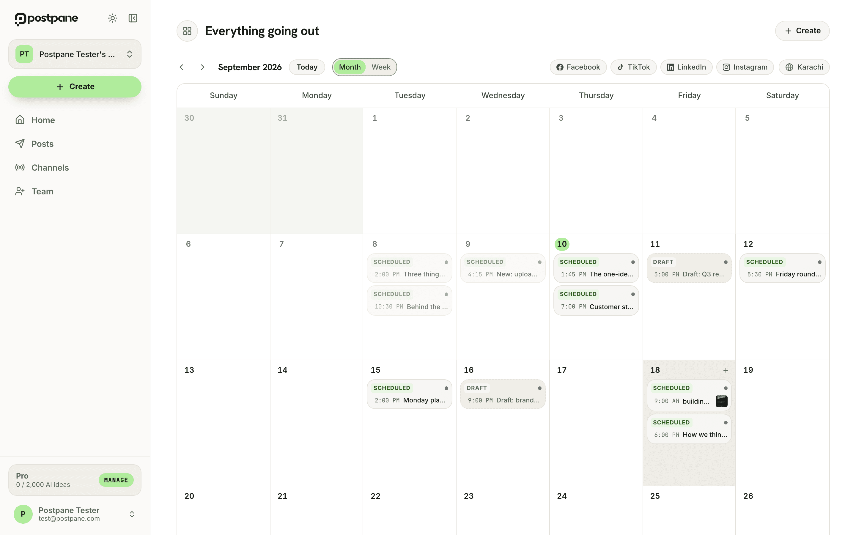 The Postpane content calendar: a month view with scheduled posts and drafts across Facebook, TikTok, LinkedIn and Instagram.