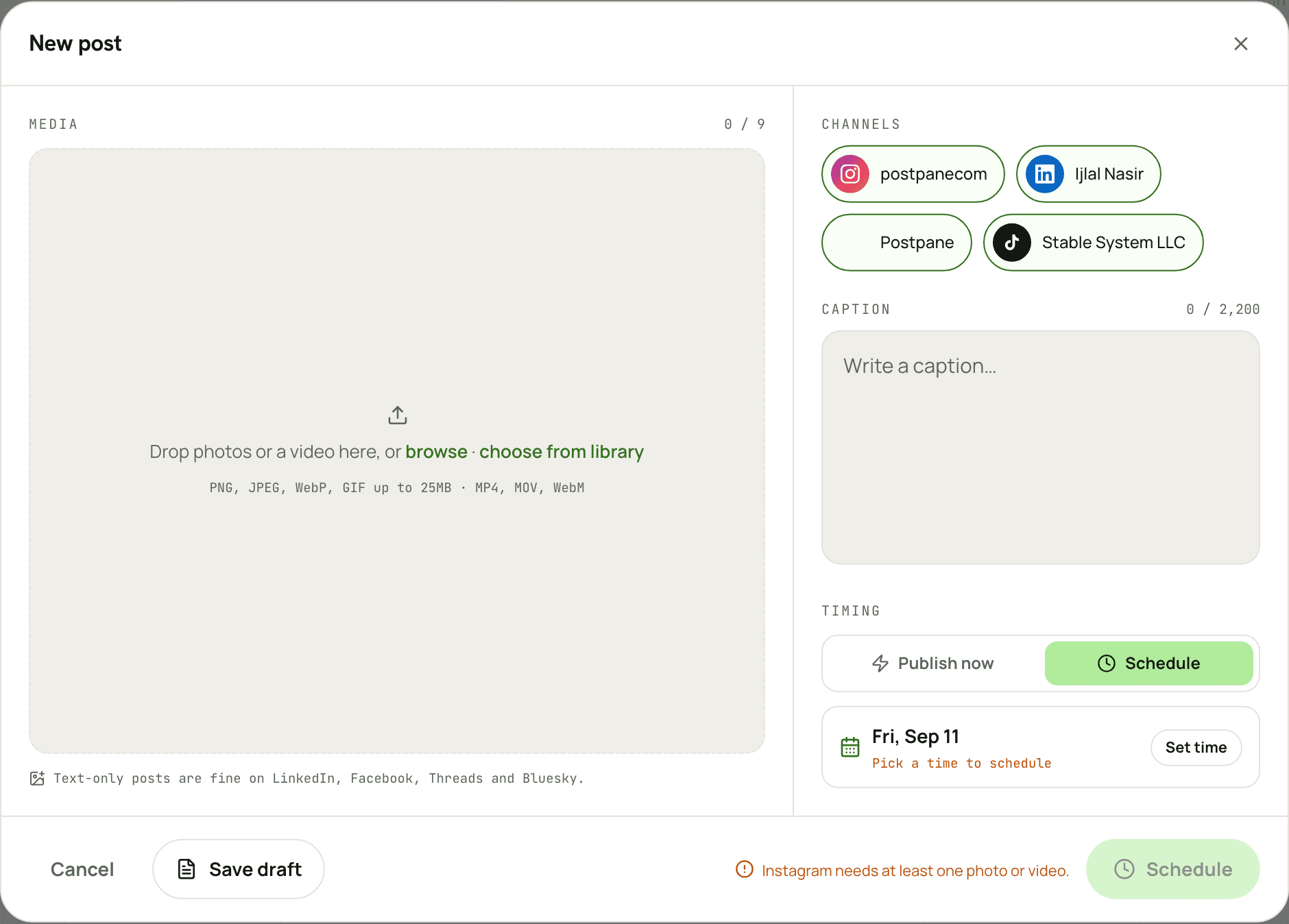 The Postpane composer: upload media on the left, pick channels, write the caption and choose a date on the right.