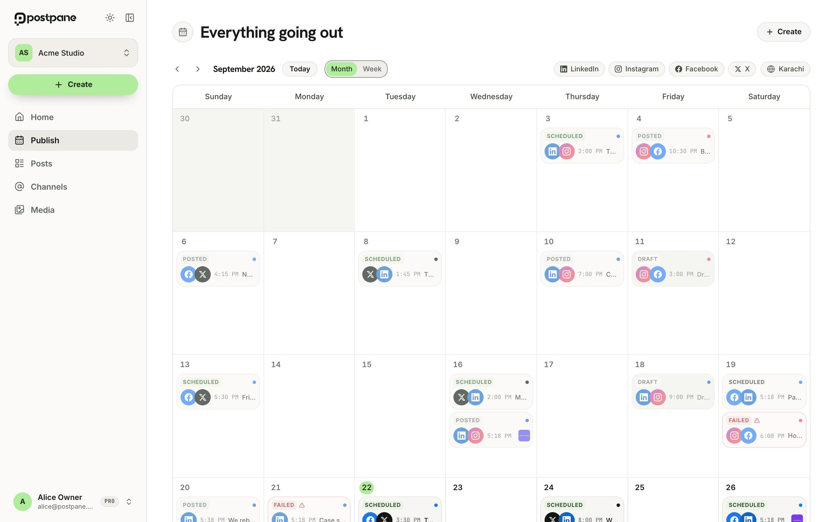 The Postpane content calendar: a month view with posted, scheduled, draft and failed posts across LinkedIn, Instagram, Facebook and X.