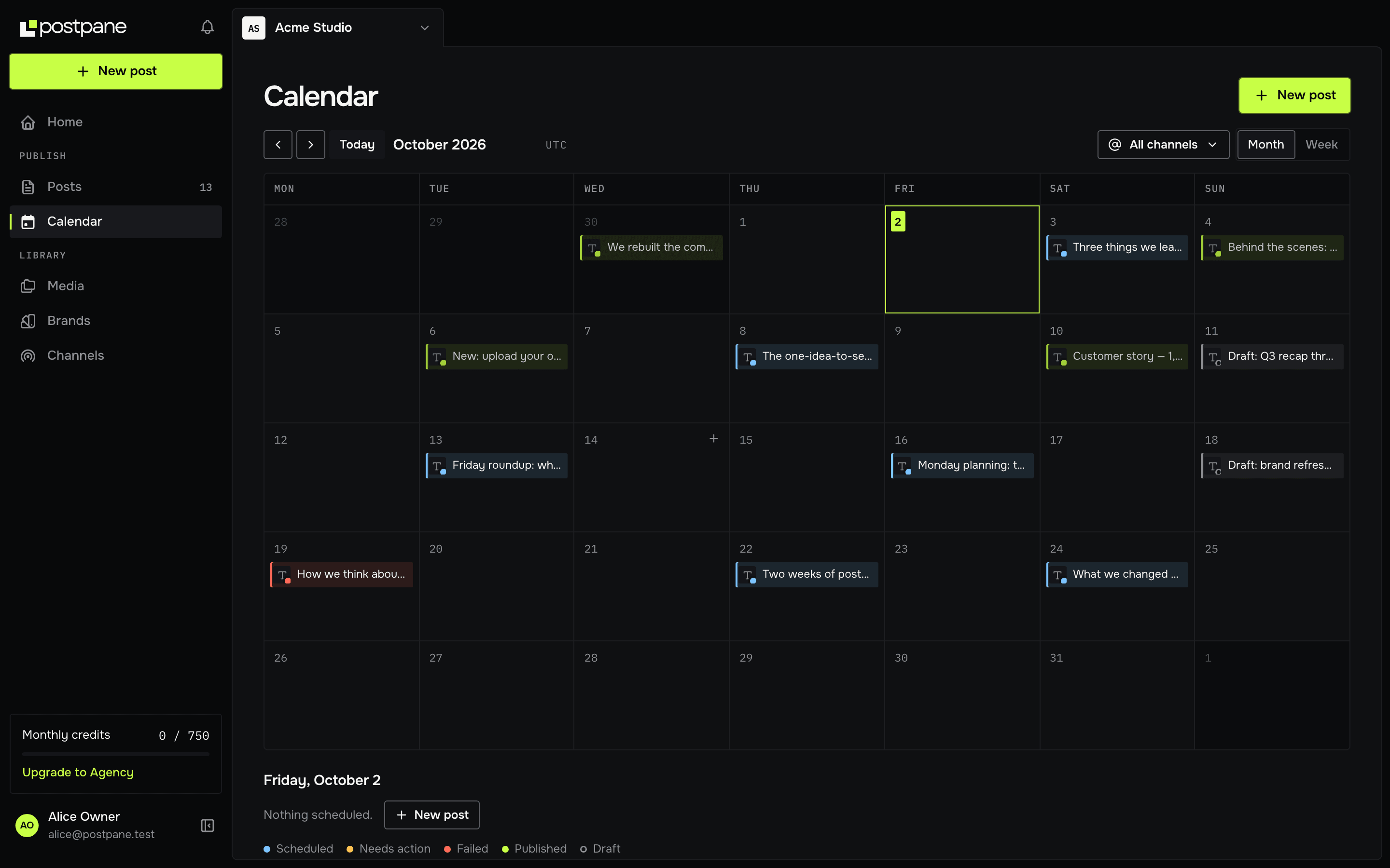 Postpane's calendar in month view, with scheduled, published, draft and failed posts marked by status