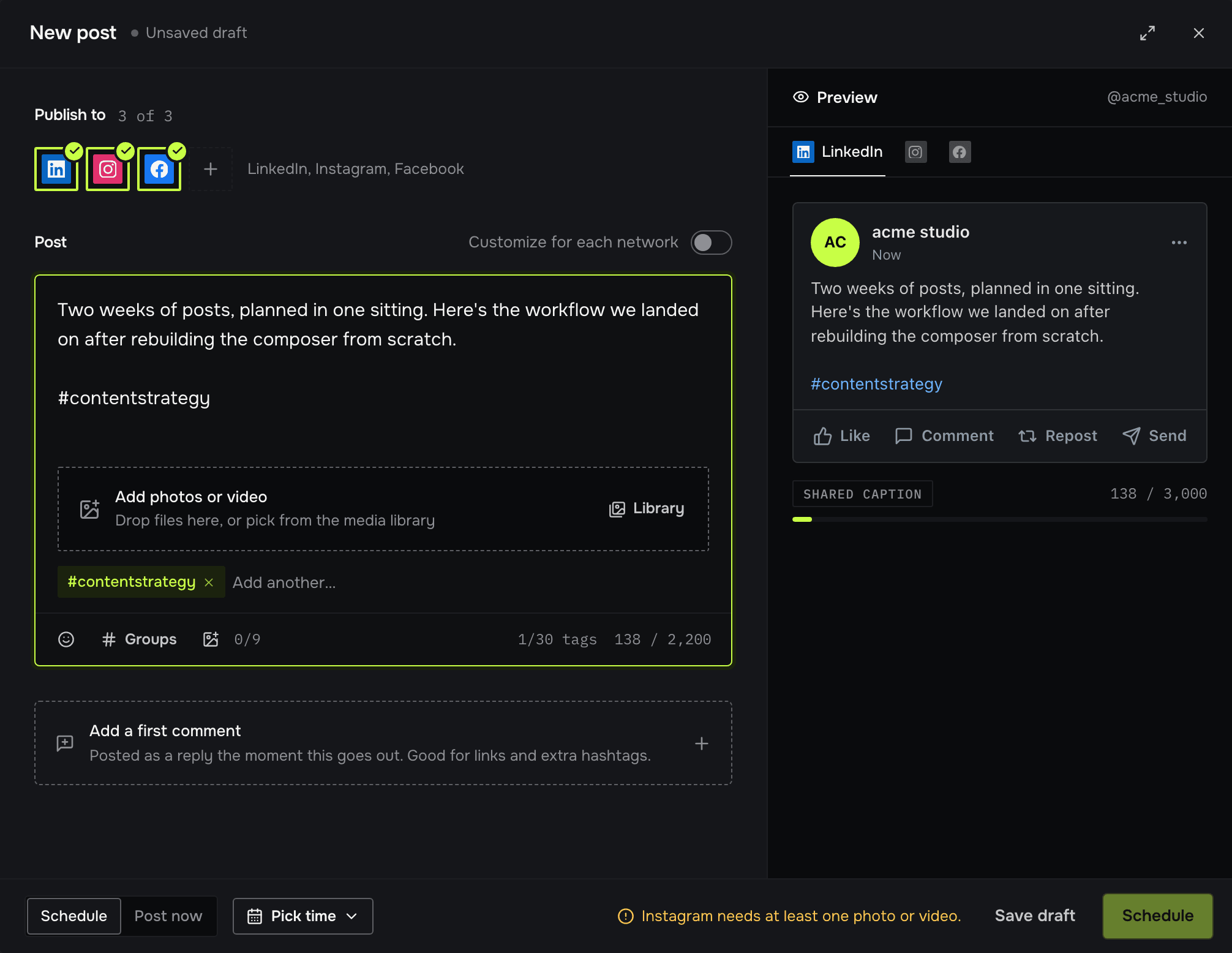 Postpane's composer publishing one post to LinkedIn, Instagram and Facebook, with a LinkedIn preview and a warning that Instagram needs a photo